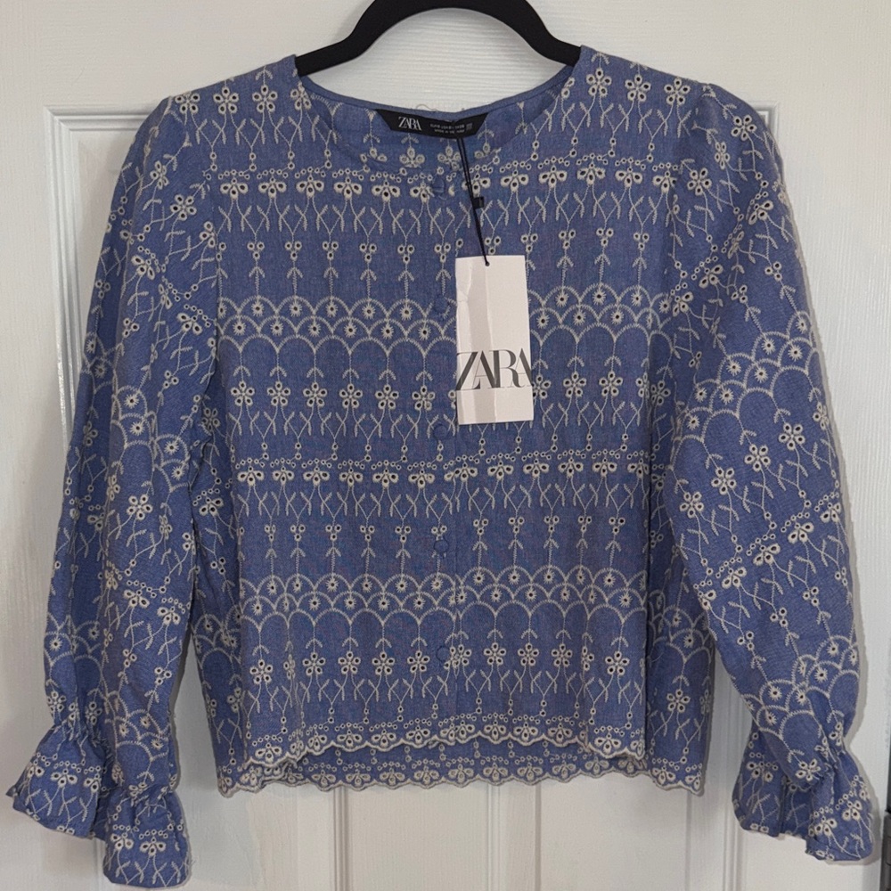 Zara Blue Embroidered Eyelet Long-Sleeve Blouse New With Tags